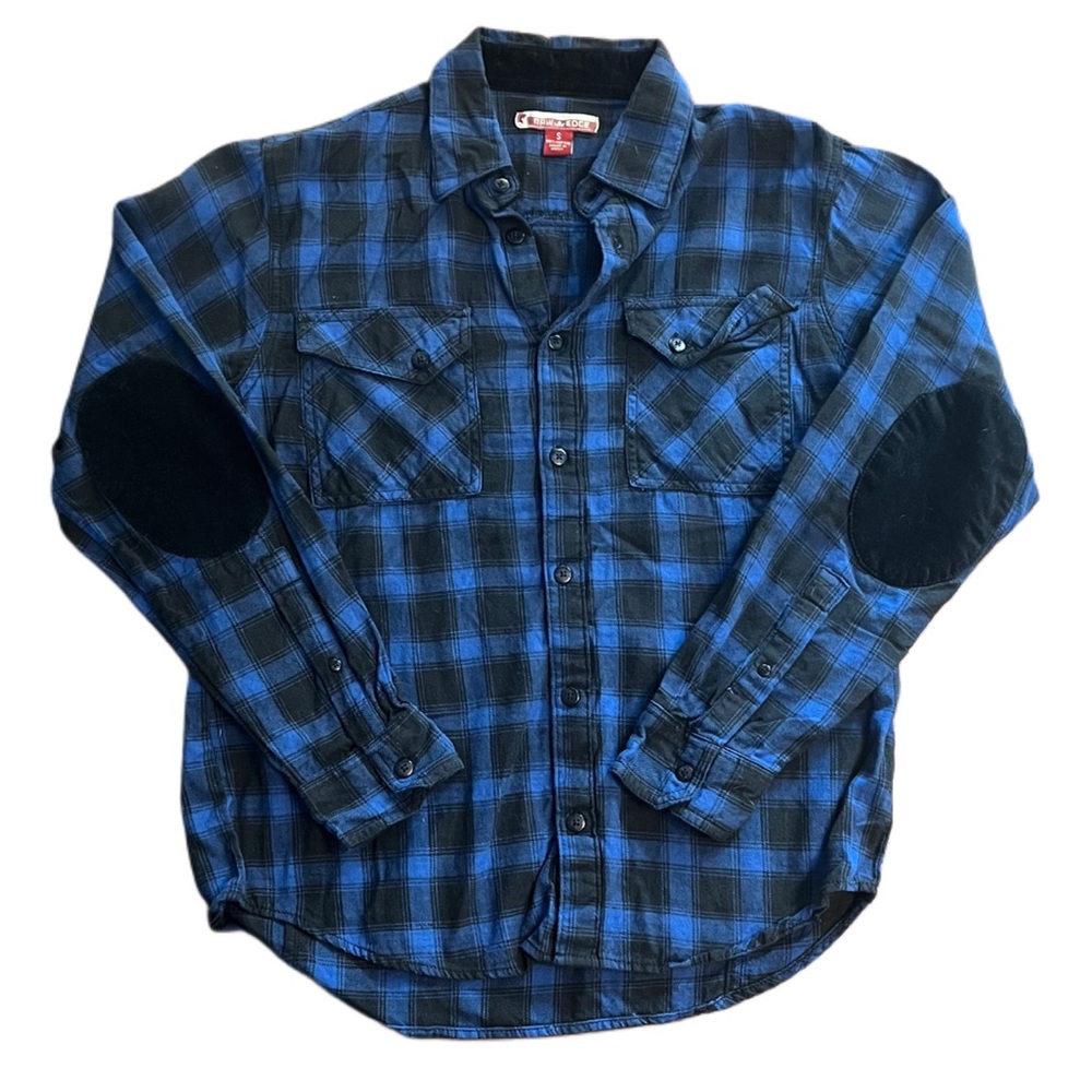 Men's Small Raw Edge Plaid Button Down Top w/ Velvet Elbow Patches